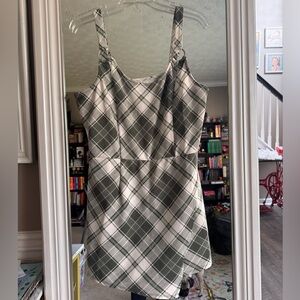 No Boundaries Olive and Cream Plaid Mini Skort Romper